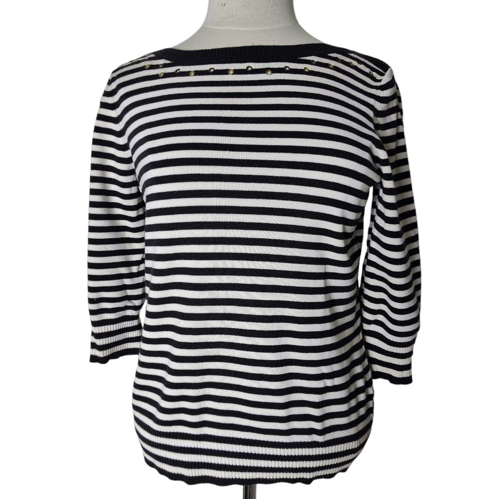 Designers Originals Black and White Stripe Sweater M 3/4 Sleeve Grommet Details